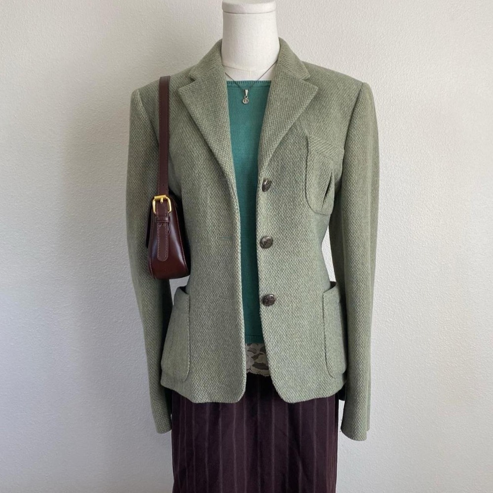 Vintage Lauren Ralph Lauren Green Herringbone Wool Tweed Equestrian Blazer - Picture 2 of 8